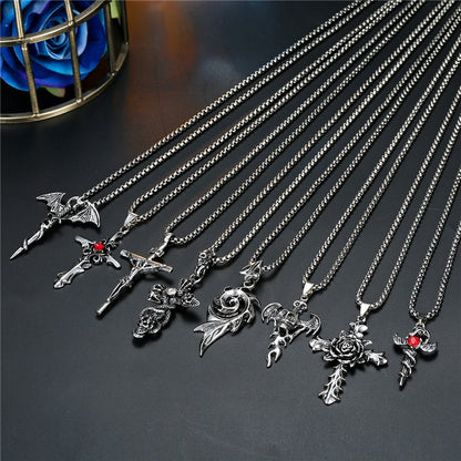 Vintage Metal Rose Cross Skeleton Gothic Necklace