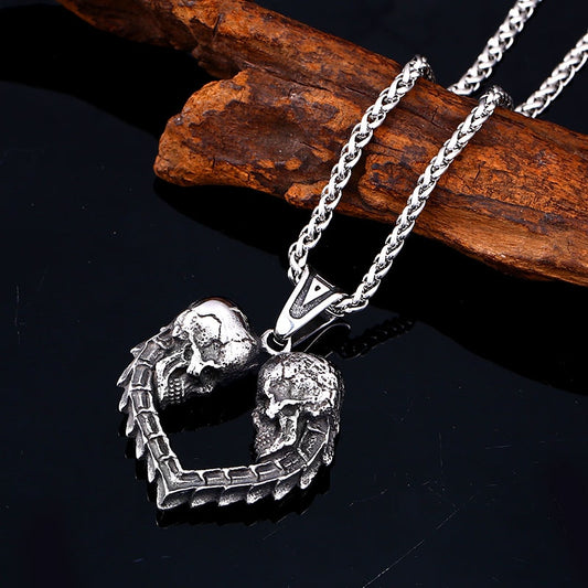 Double Skull Heart Stainless Unique Necklace