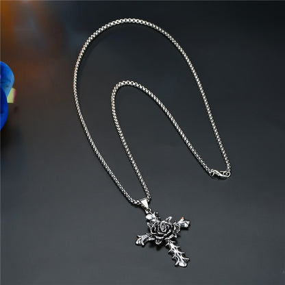 Vintage Metal Rose Cross Skeleton Gothic Necklace