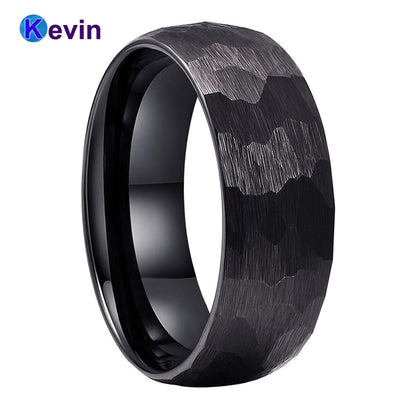 Black Hammer Ring Tungsten Wedding Band For Men Women Multi-Faceted Brushed Finish 6MM 8MM Comfort Fit