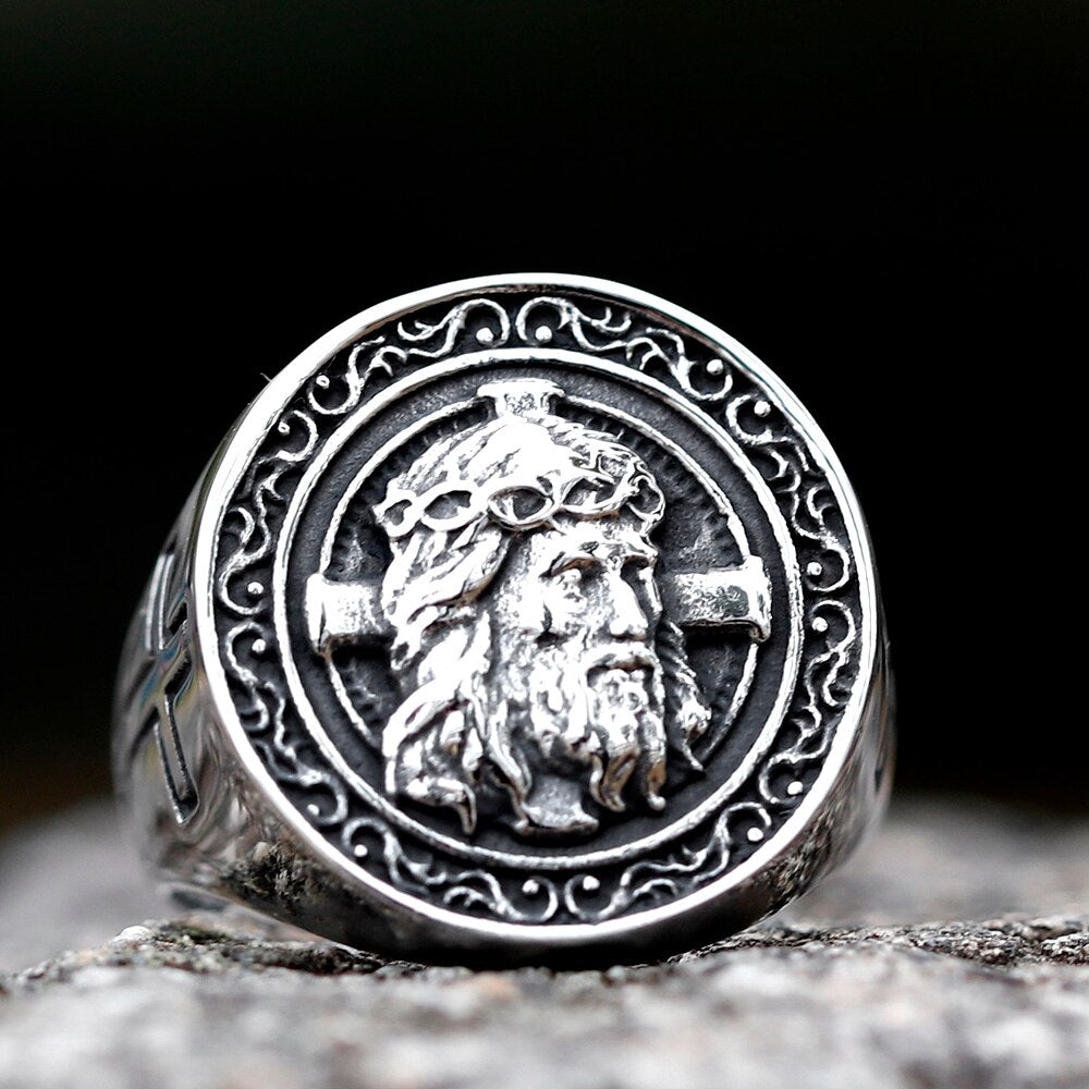 2022 new Retro Personality Domineering Men&#39;s Punk Ring European and American Fashion Creative Jesus Cross Ring Jewelry