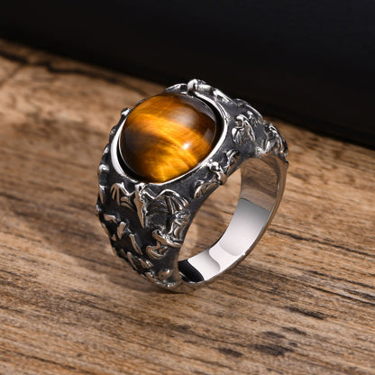 Men&#39;s Tiger Eye Stone Signet Rings,Rock Punk Dark Silver Color Stainless Steel Male Gothic Jewelry