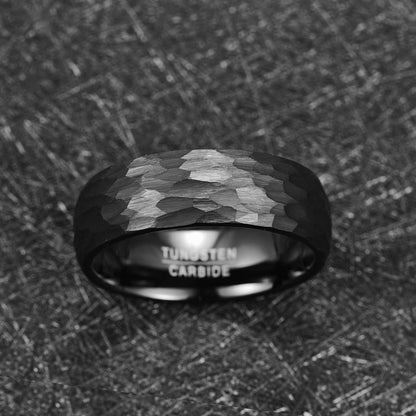The Captivating "Midnight Brilliance" Black Tungsten Multi-Faceted Hammered Ring