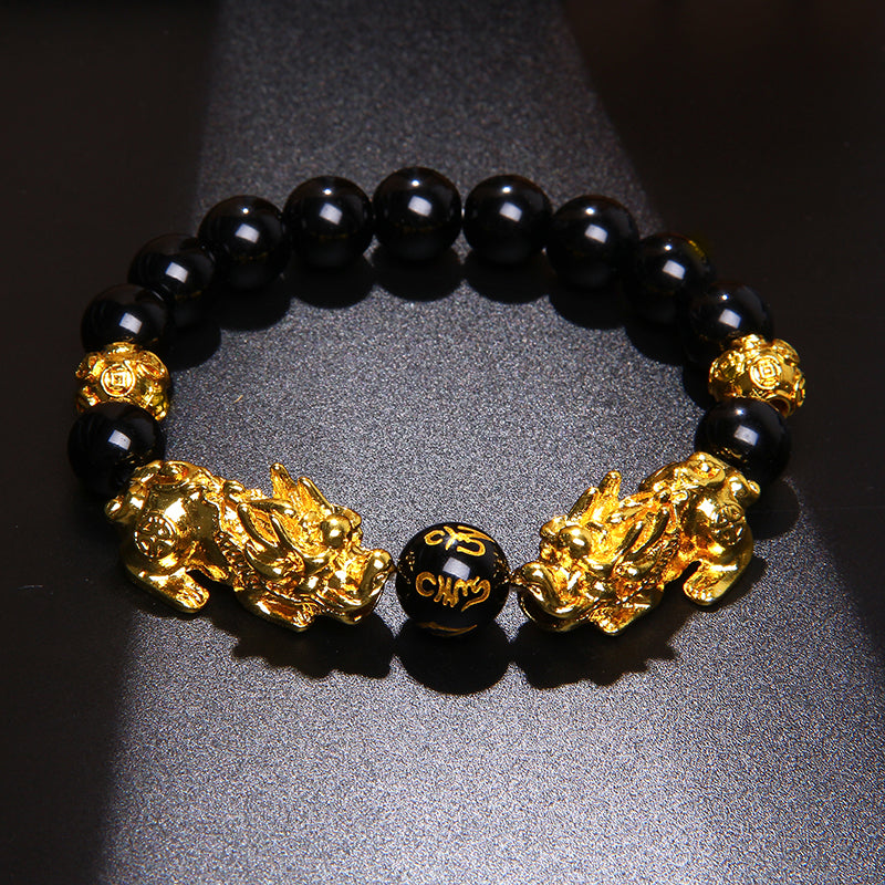 Natural Black Obsidian Gold Pixiu Buddha Six Words Bracelet