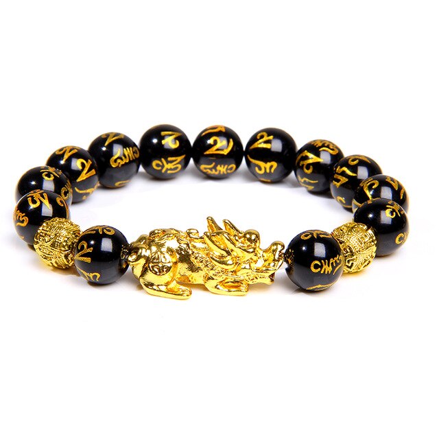 Natural Black Obsidian Gold Pixiu Buddha Six Words Bracelet