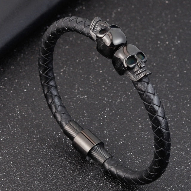 Hyper Black Braided Leather Skull Bracelet – RING OF GOD