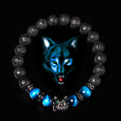 Wolf Charm Natural Black Lava Stone Bracelet