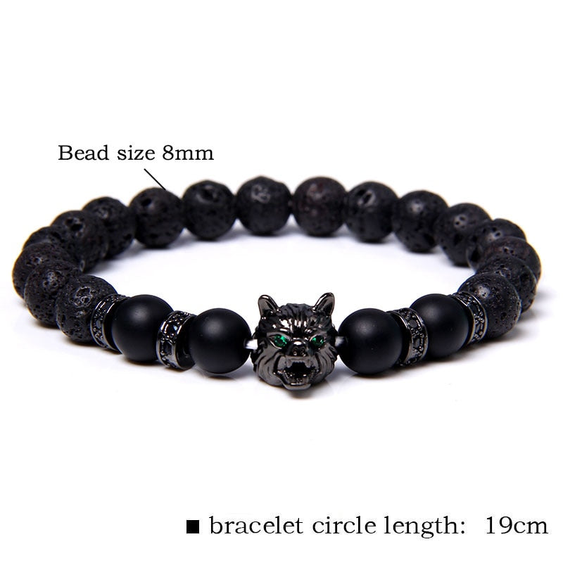 Wolf Charm Natural Black Lava Stone Bracelet