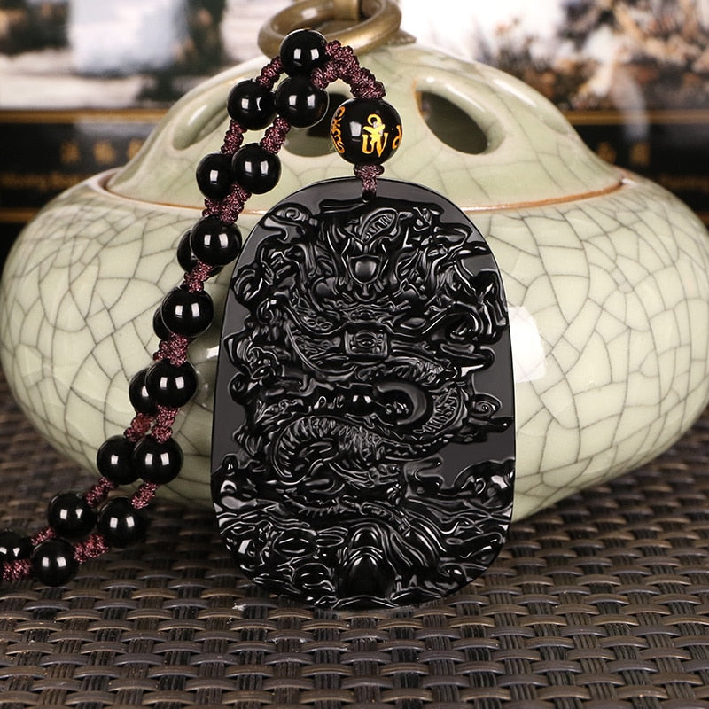 Natural Genuine Obsidian Sakyamuni Bead Dragon Necklace