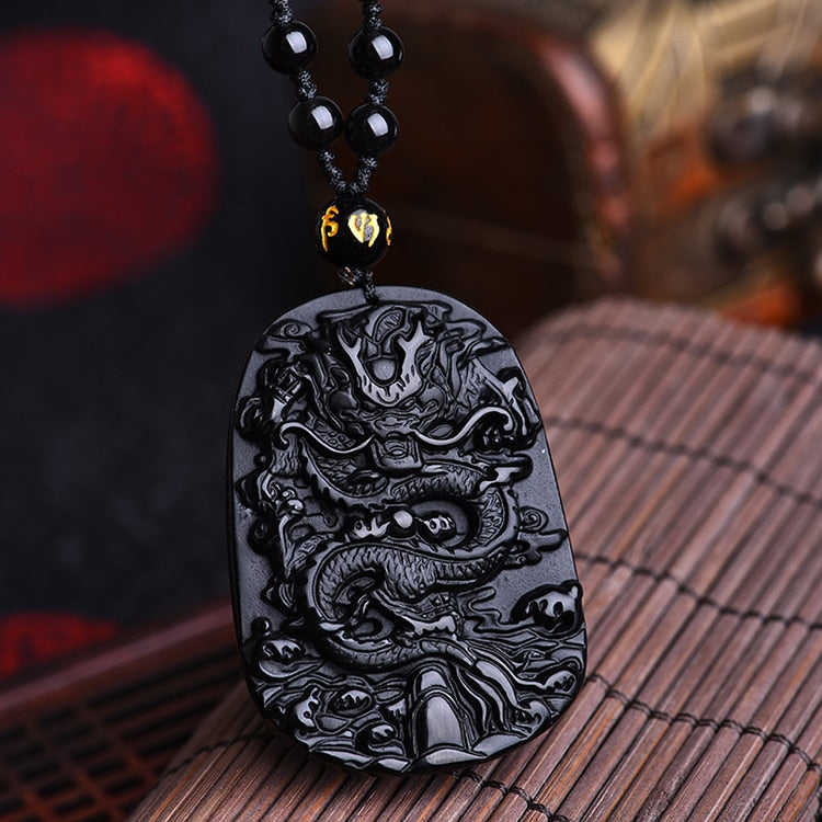 Natural Genuine Obsidian Sakyamuni Bead Dragon Necklace