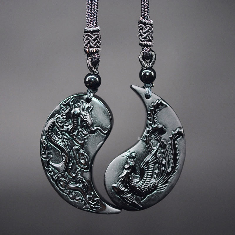 1 Set Obsidian Taichi Dragon and Phoenix Yin Yang Necklace