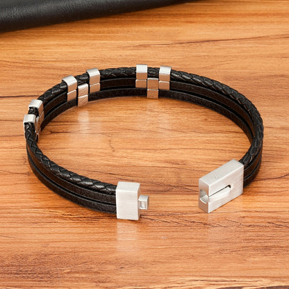 Luxury Black Brown Blue Color Three-Layer Leather Bracelet