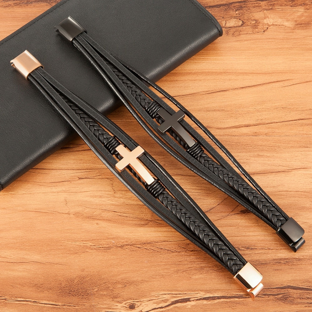 Luxury Multicolor Cross Classic Stainless Leather Bracelet