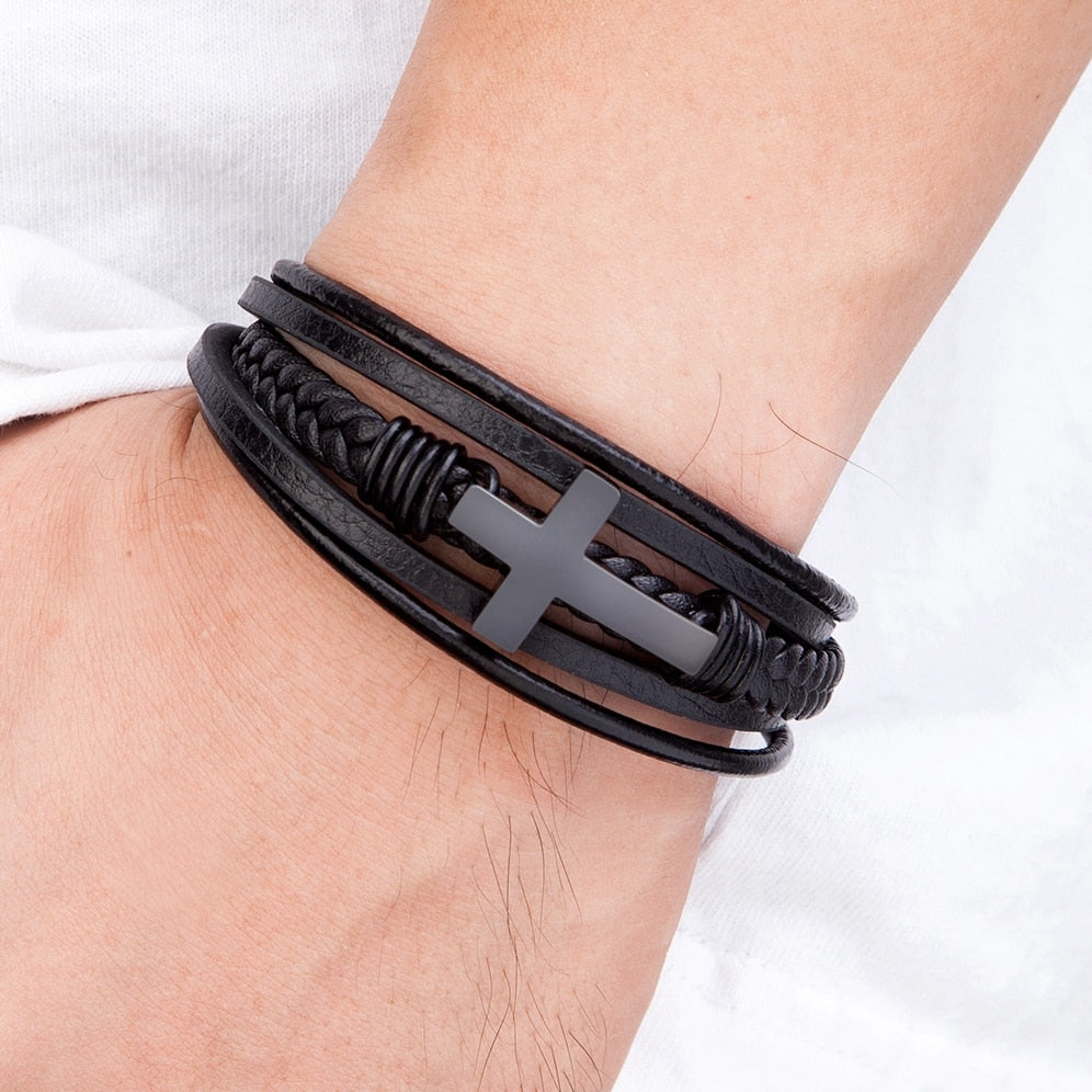 Luxury Multicolor Cross Classic Stainless Leather Bracelet