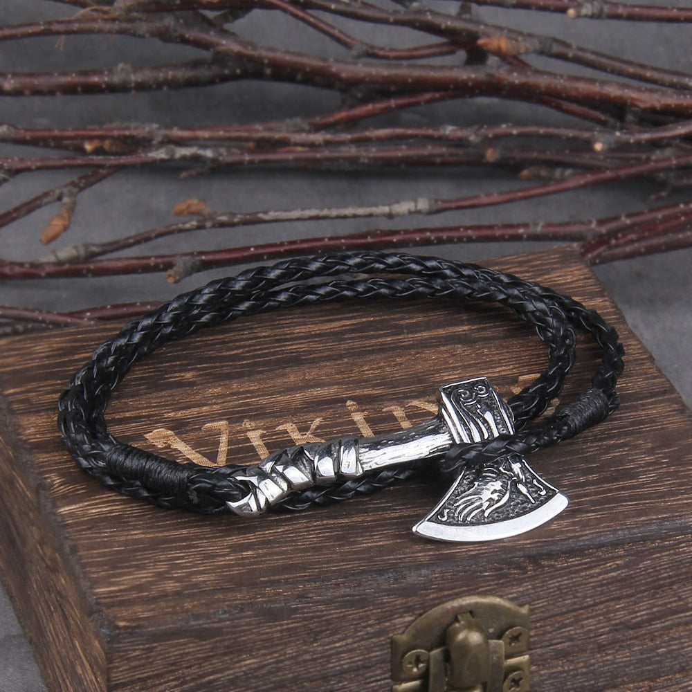 Nordic Viking Valknut Axe Amulet Charm Leather Bracelet