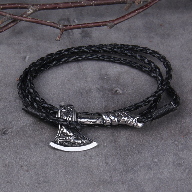 Nordic Viking Valknut Axe Amulet Charm Leather Bracelet