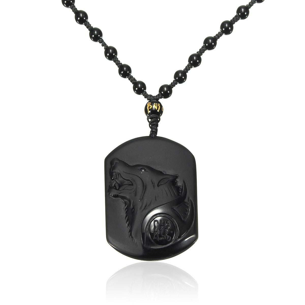 Natural Black Obsidian Carving Wolf Head Amulet Necklace