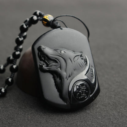 Natural Black Obsidian Carving Wolf Head Amulet Necklace