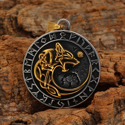 Nordic Viking Stainless Yggdrasil Wolf Rune Necklace