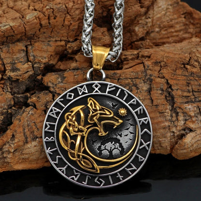Nordic Viking Stainless Yggdrasil Wolf Rune Necklace