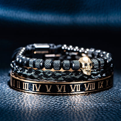 Luxury 3Pcs/Set Skull Charm Black Gold Roman Bracelet