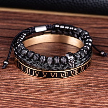 Luxury 3Pcs/Set Skull Charm Black Gold Roman Bracelet